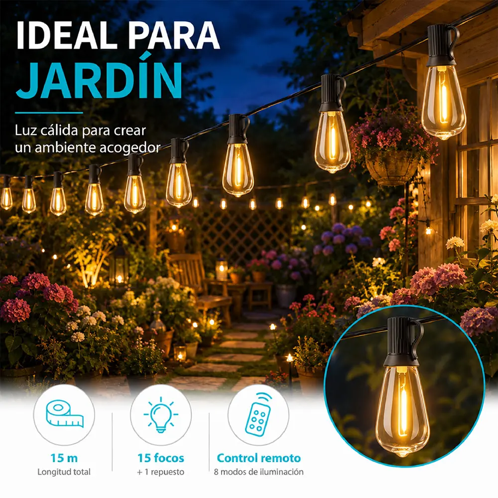 Guirnalda de luces de 15 m con control remoto, 15 focos y 1 de repuesto - Imagen 4