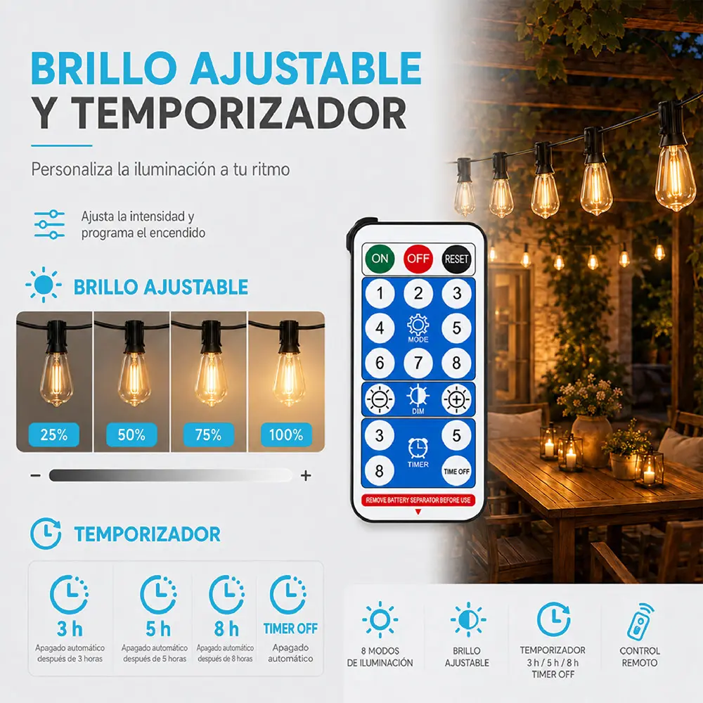 Guirnalda de luces de 15 m con control remoto, 15 focos y 1 de repuesto - Imagen 3