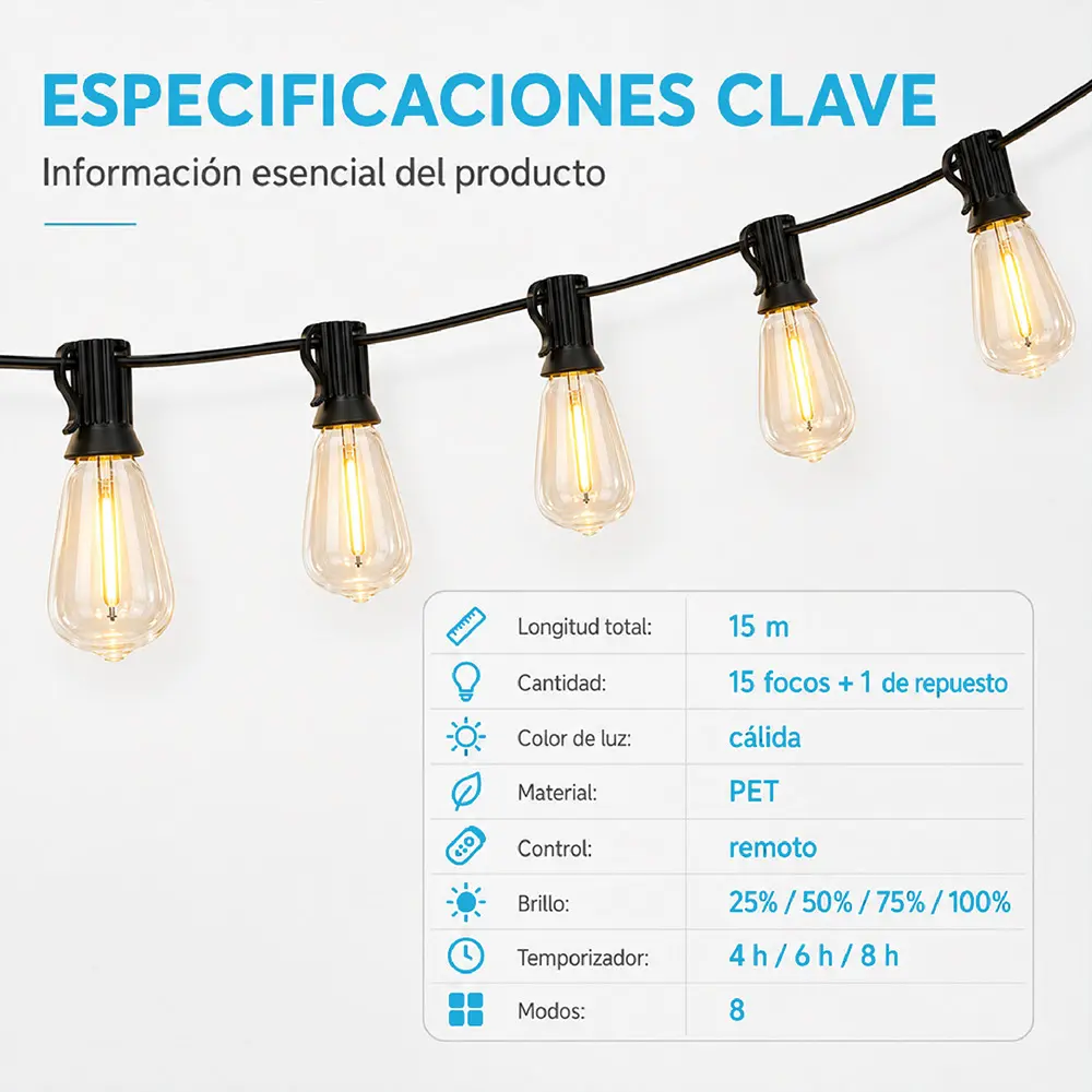 Guirnalda de luces de 15 m con control remoto, 15 focos y 1 de repuesto - Imagen 5