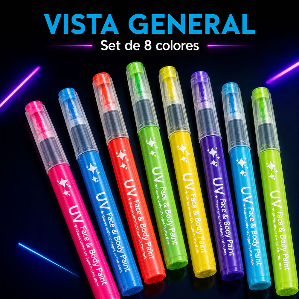 Vista general del kit de 8 plumones UV neón