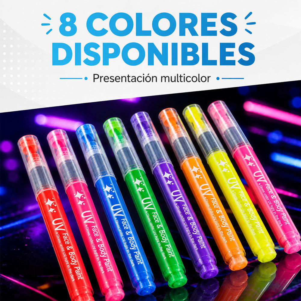 8 colores disponibles en el kit de plumones UV neón