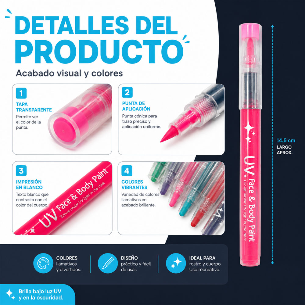 Set de 12 Plumones plumon brilla en la oscuridad para Cara y Cuerpo - Image 3