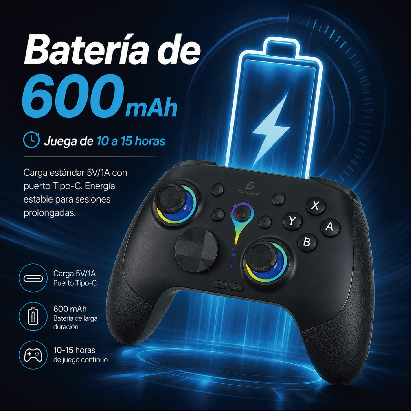 Control Bluetooth con Joysticks Hall 3D, Giroscopio 6 Ejes, Soporte para Celular y Batería 600 mAh - Image 3