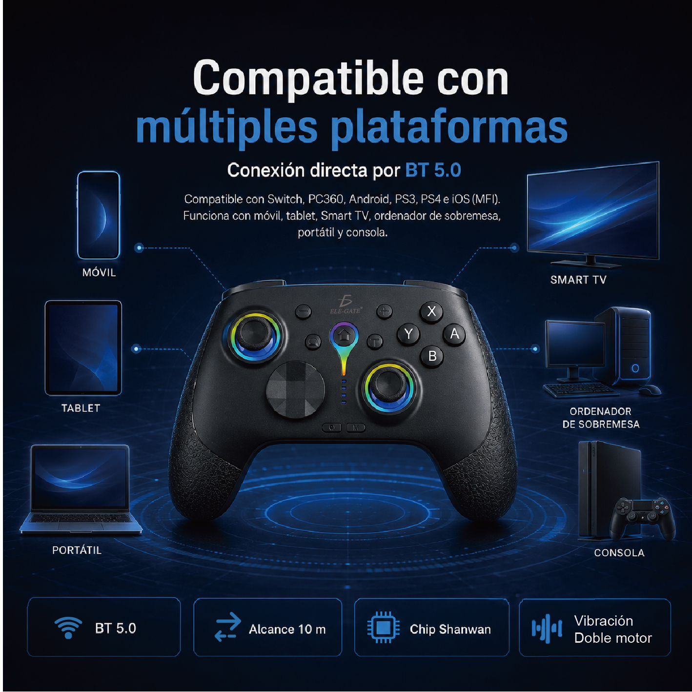 Control Bluetooth con Joysticks Hall 3D, Giroscopio 6 Ejes, Soporte para Celular y Batería 600 mAh - Image 4