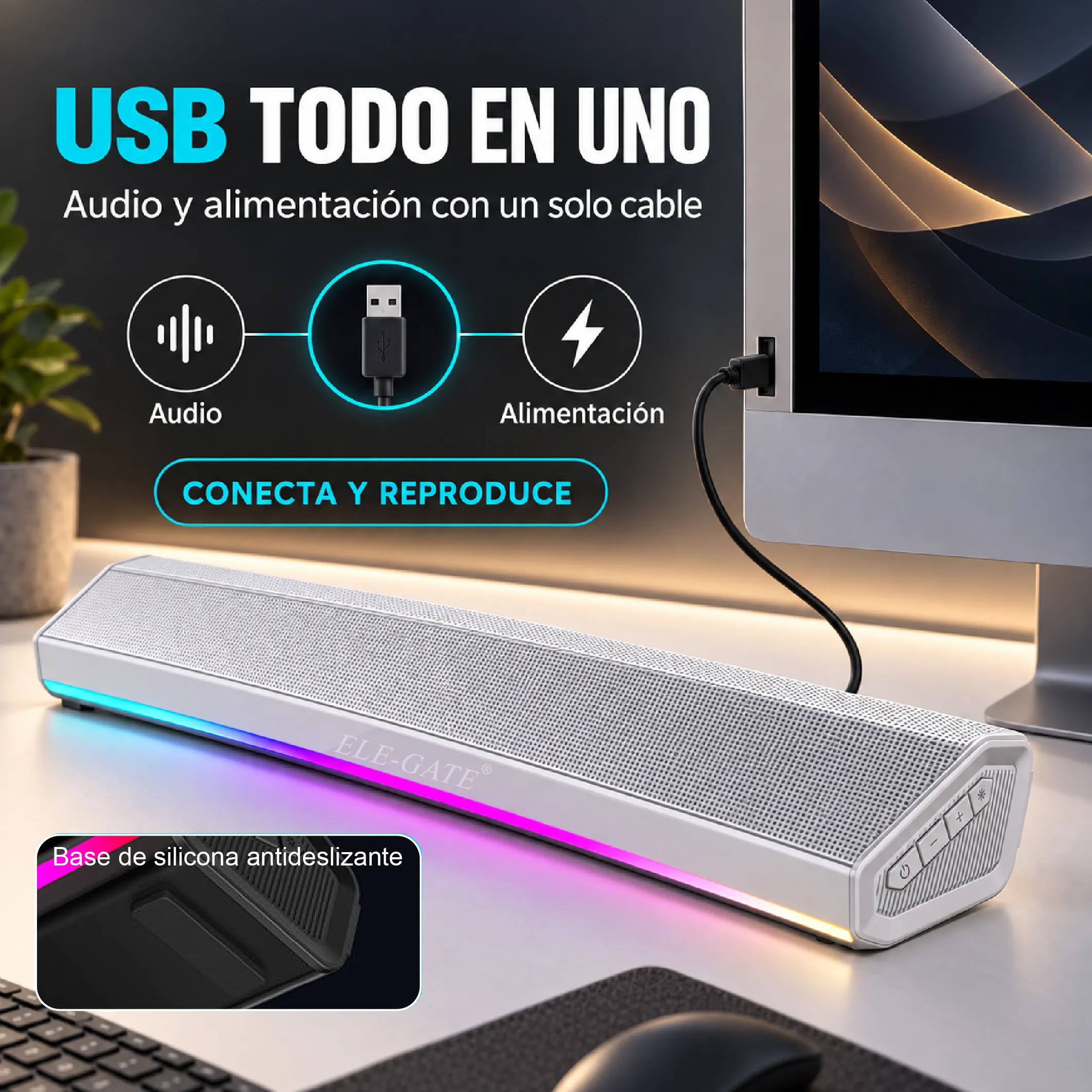 Barra de sonido Bluetooth 5.4 de 10 W con RGB, negra o blanca - Imagen 6