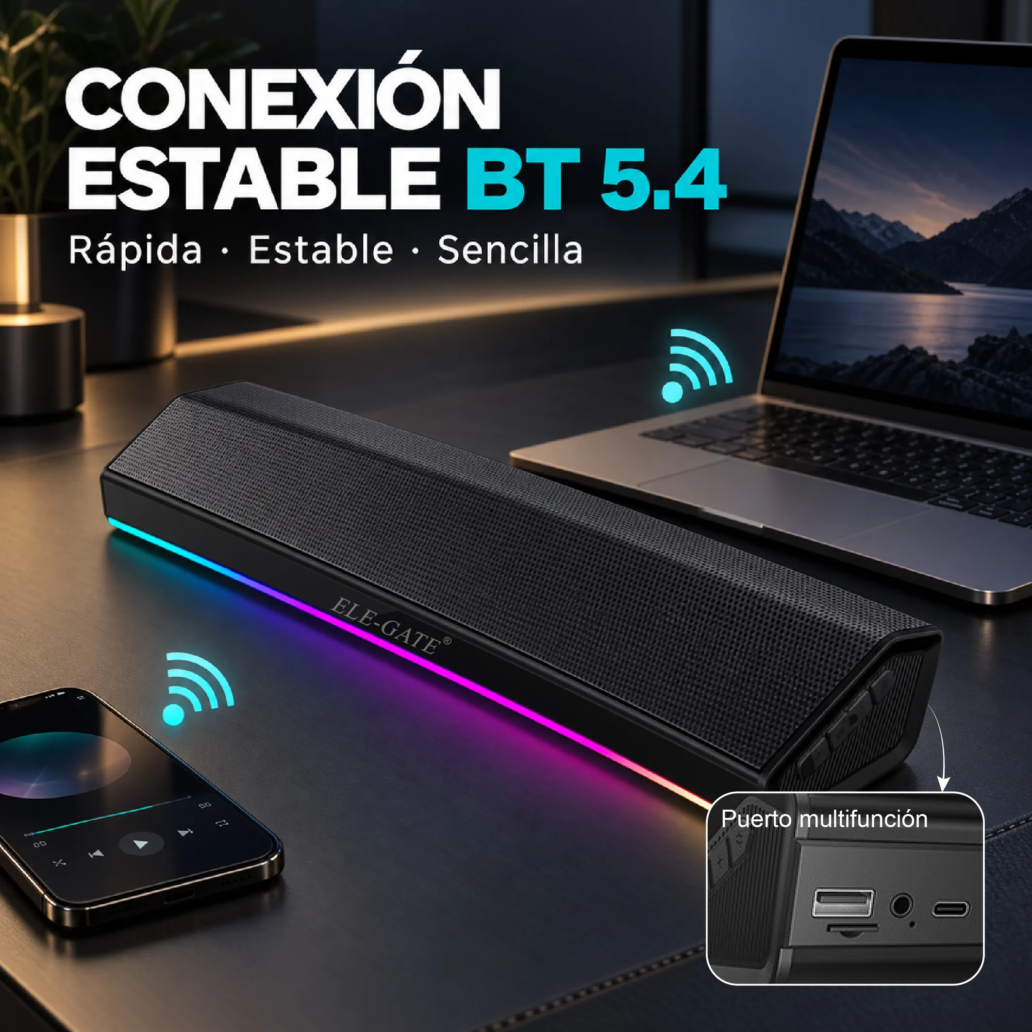 Barra de sonido Bluetooth 5.4 de 10 W con RGB, negra o blanca - Imagen 3