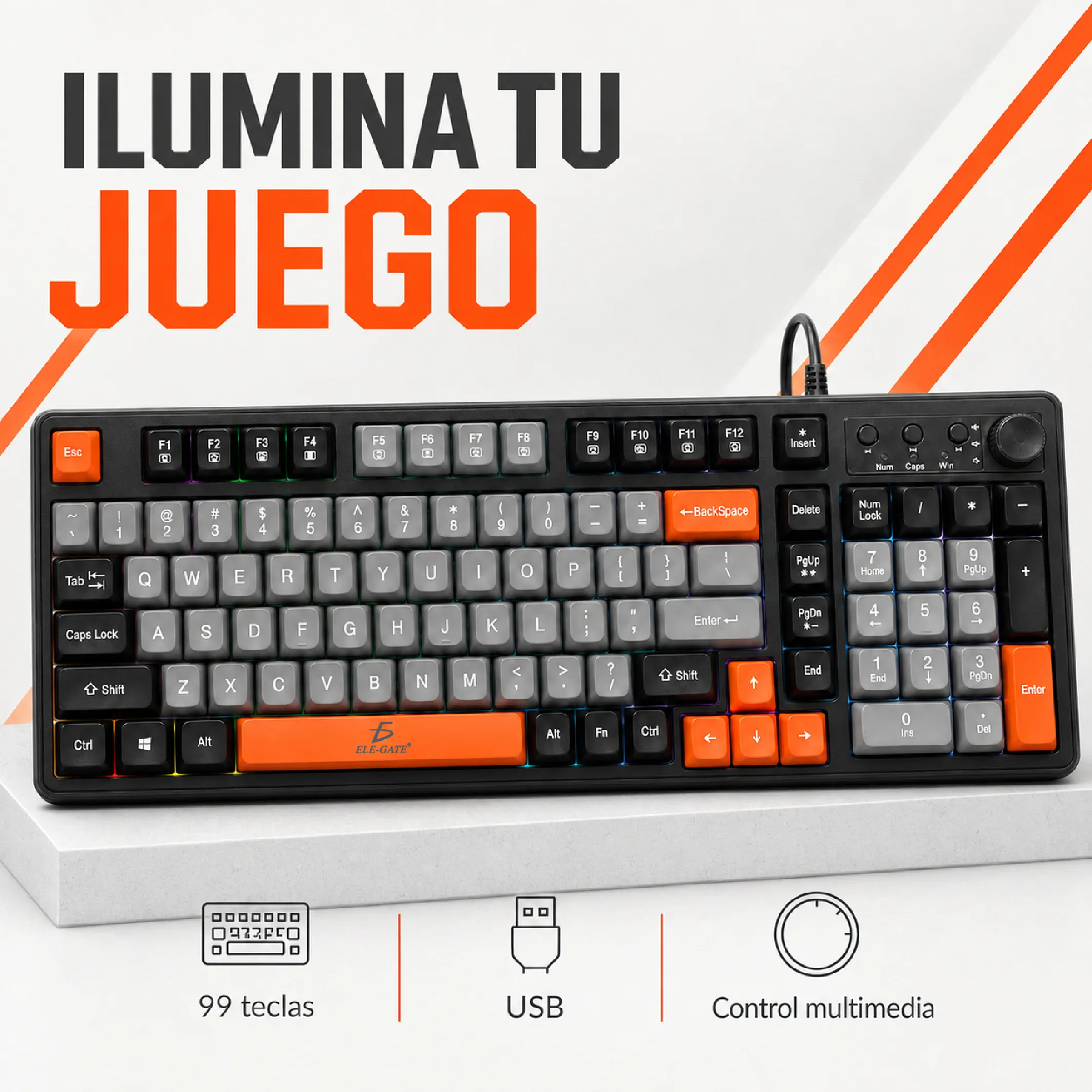 Teclado Gamer USB con Perilla Multimedia y Luz Arcoíris - Imagen 2