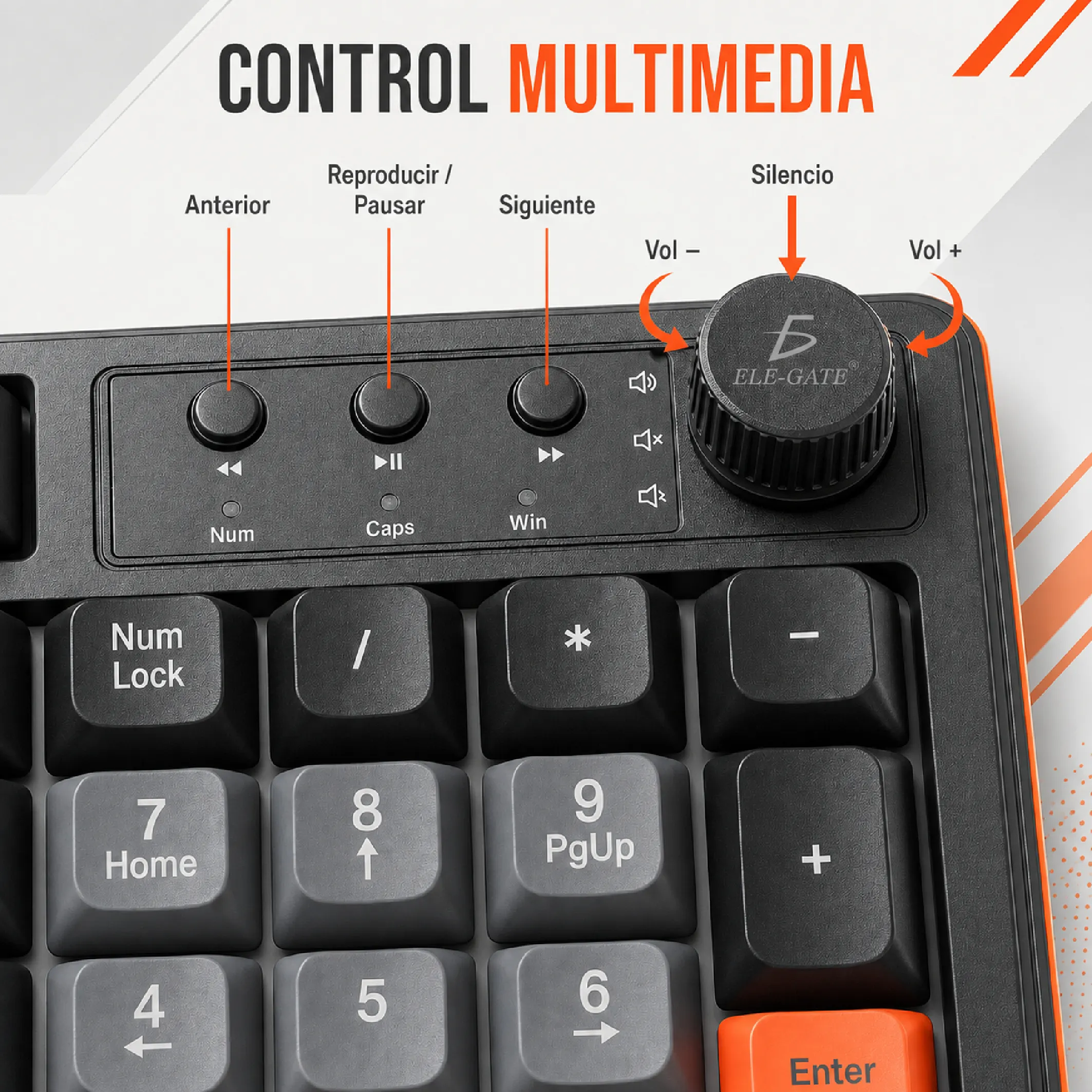 Teclado Gamer USB con Perilla Multimedia y Luz Arcoíris - Imagen 4