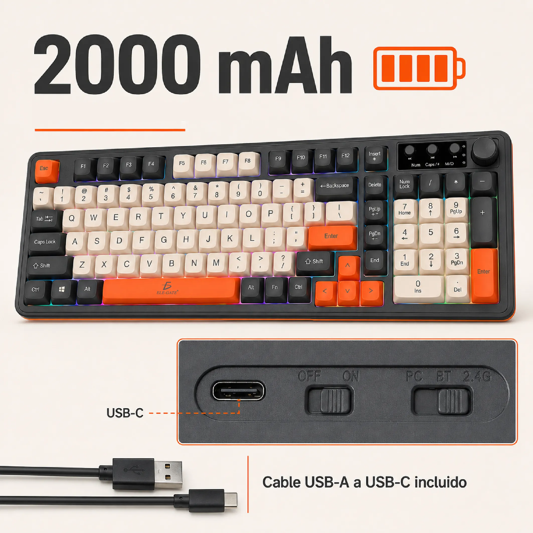 Teclado Gamer de 99 Teclas Bluetooth, 2.4 GHz y Cable USB - Imagen 2