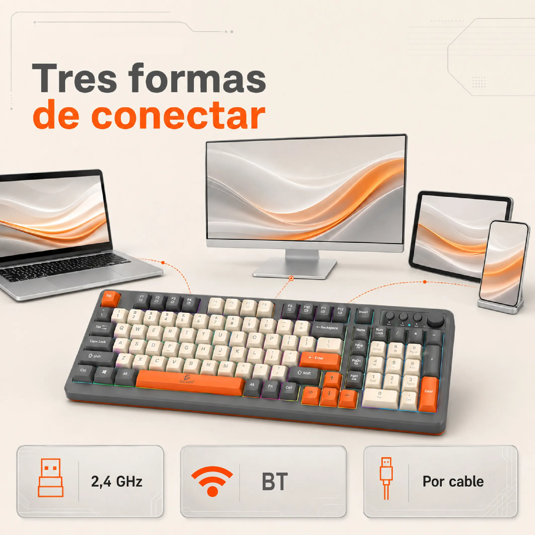 Teclado Gamer de 99 Teclas Bluetooth, 2.4 GHz y Cable USB - Imagen 6