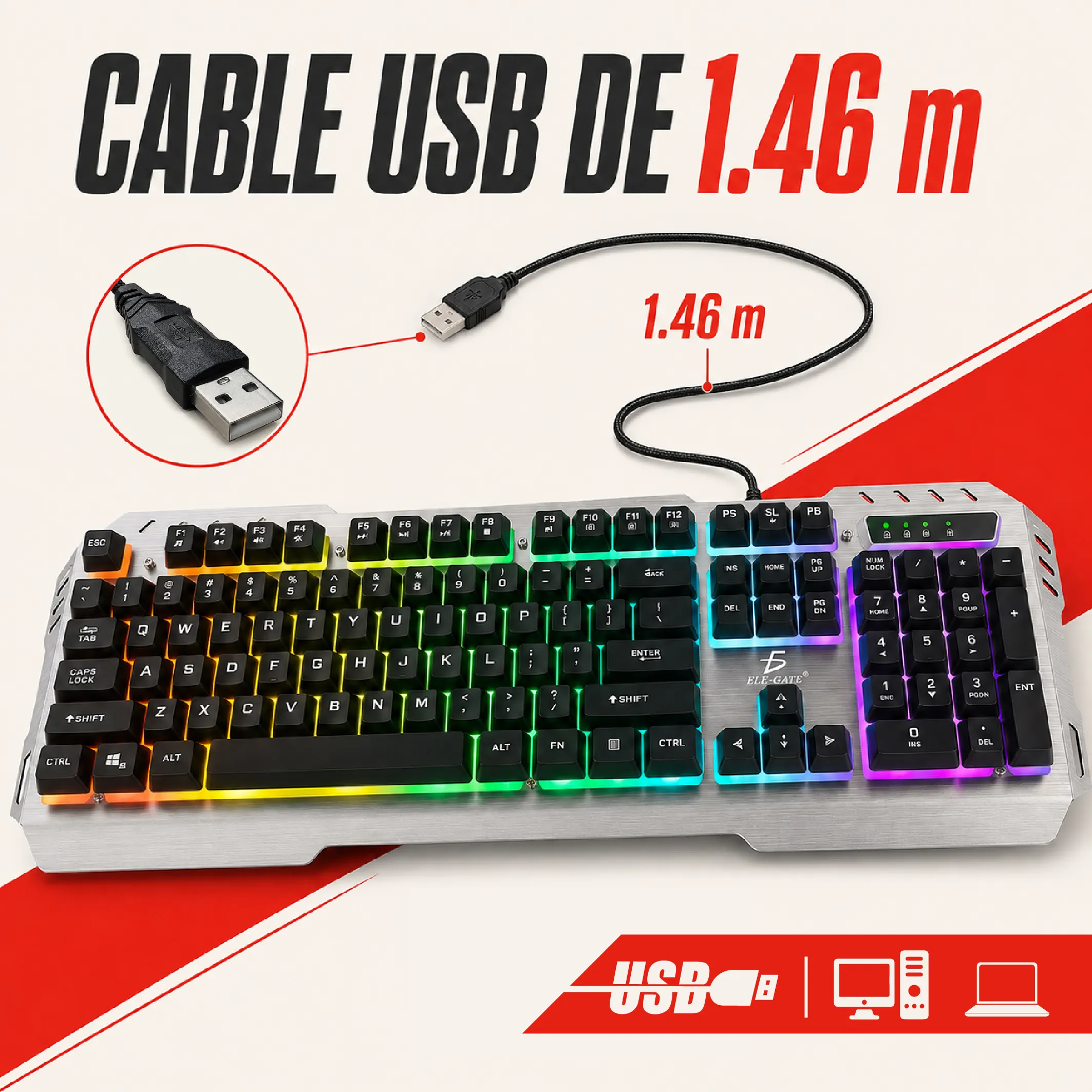 Teclado Gamer USB de 104 Teclas con Luz Arcoíris - Imagen 4