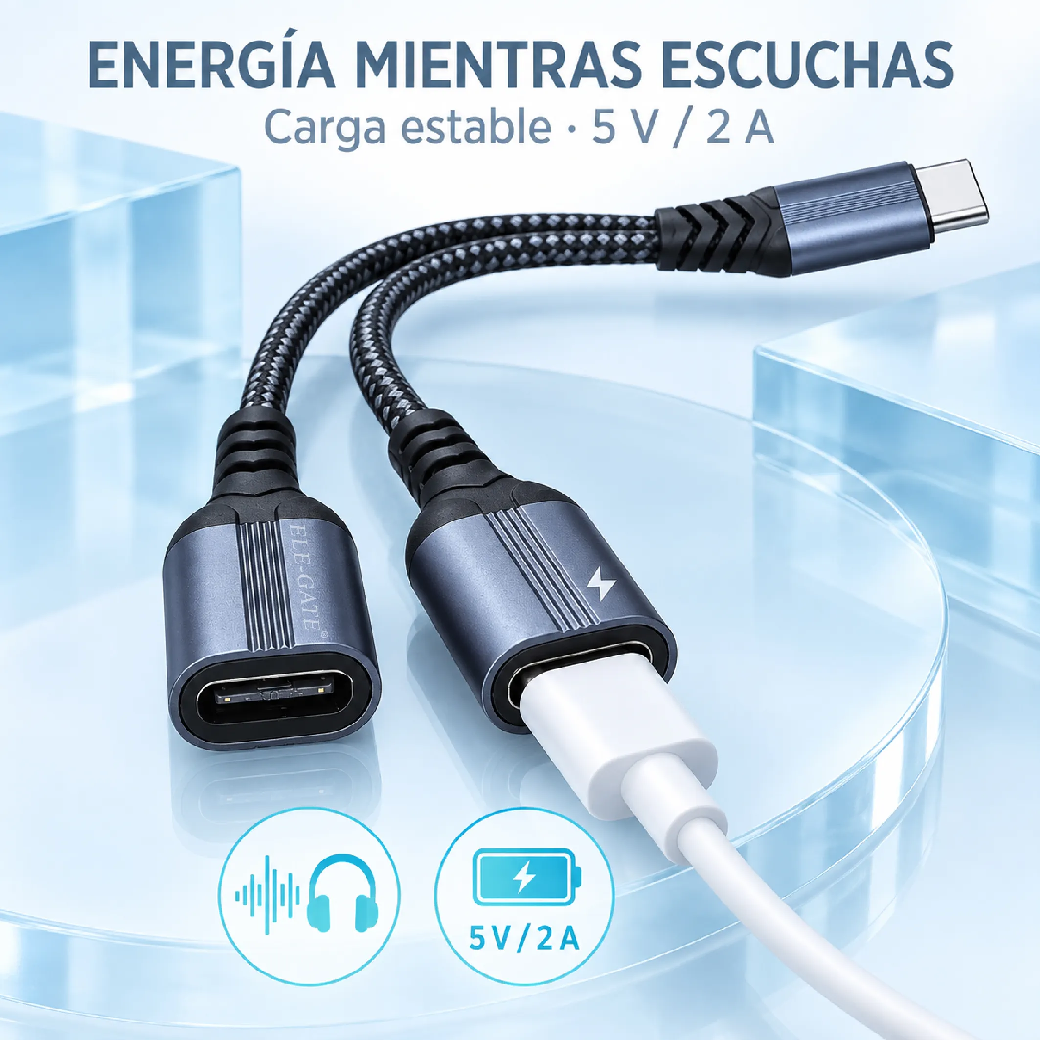 Adaptador USB-C a doble USB-C para audio y carga, 14 cm - Imagen 4