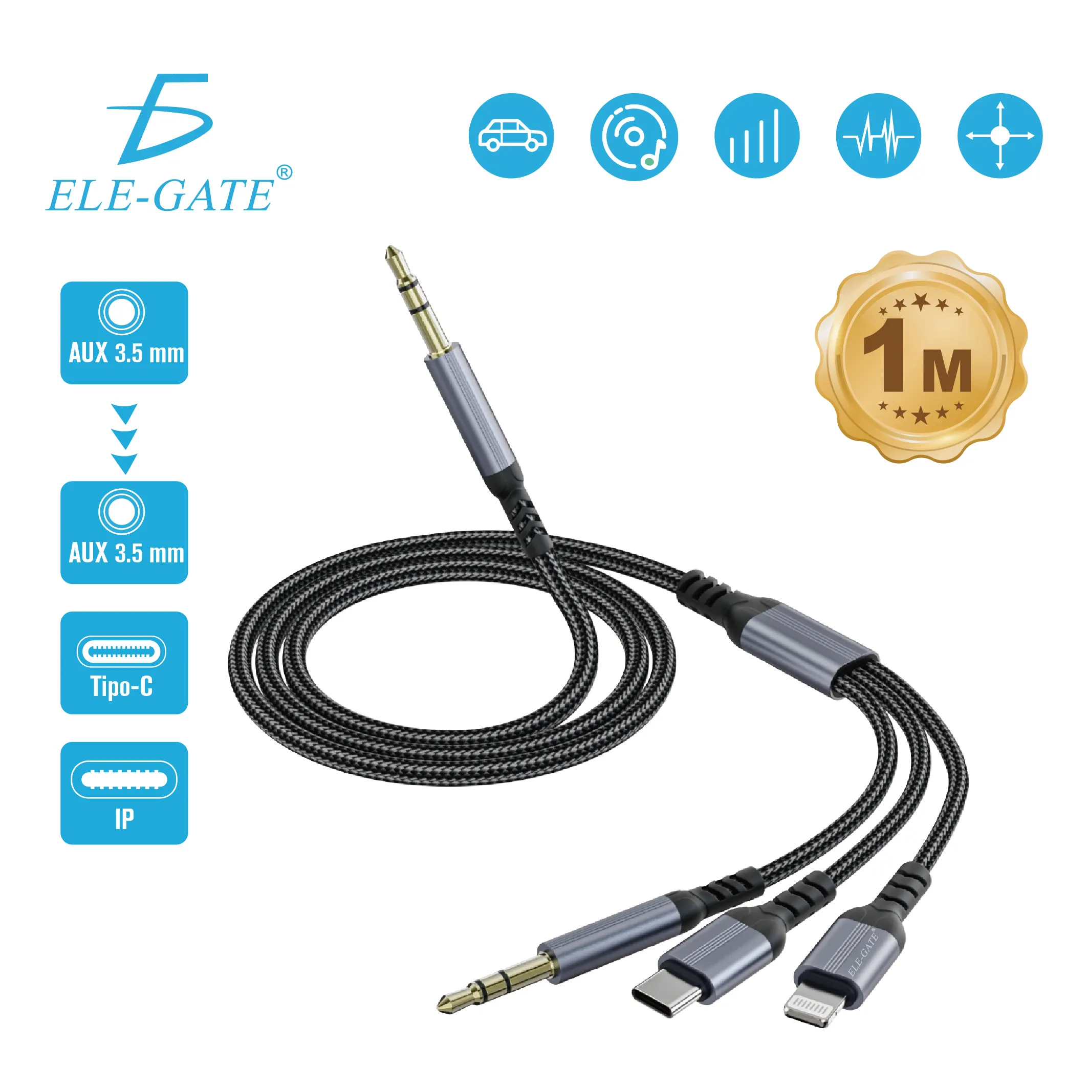 Cable AUX 3 en 1 USB-C, Lightning y 3.5 mm de 1 m - Imagen 4