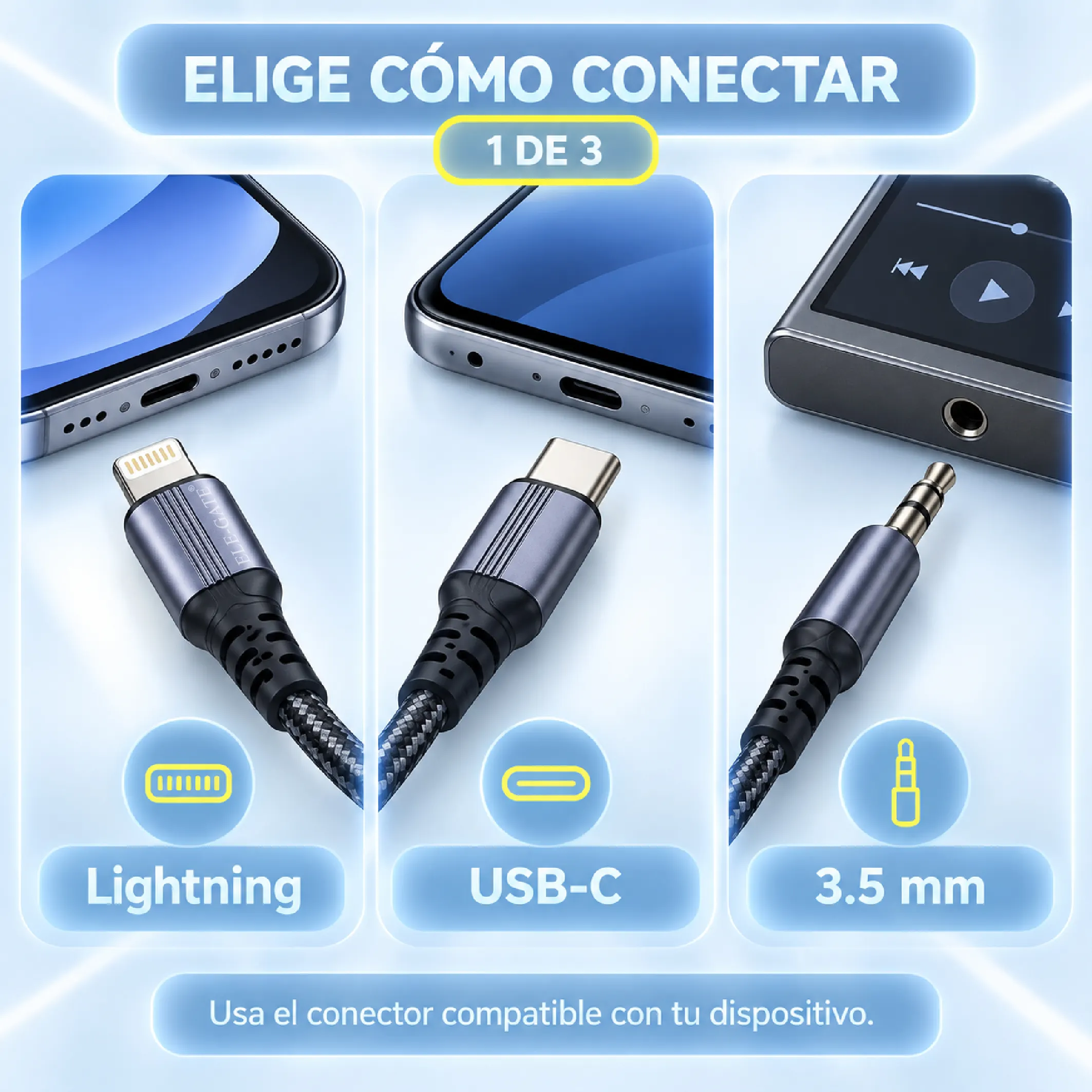 Cable AUX 3 en 1 USB-C, Lightning y 3.5 mm de 1 m - Imagen 2