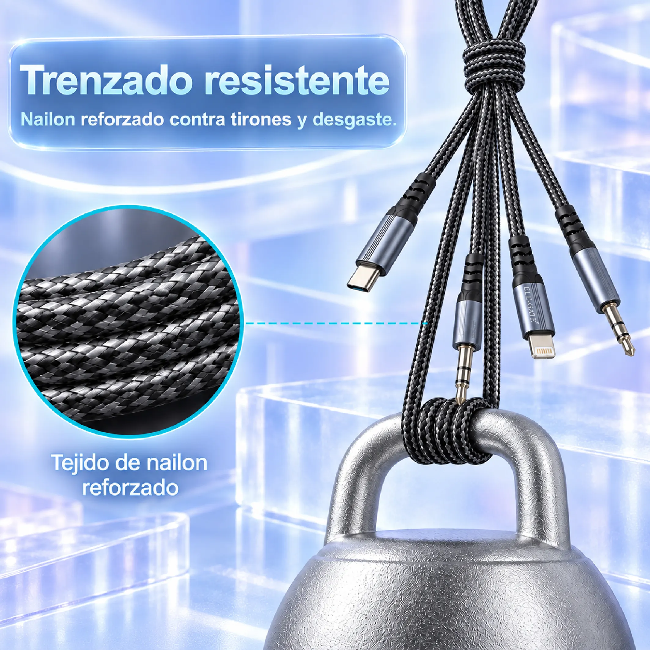 Cable AUX 3 en 1 USB-C, Lightning y 3.5 mm de 1 m - Imagen 3