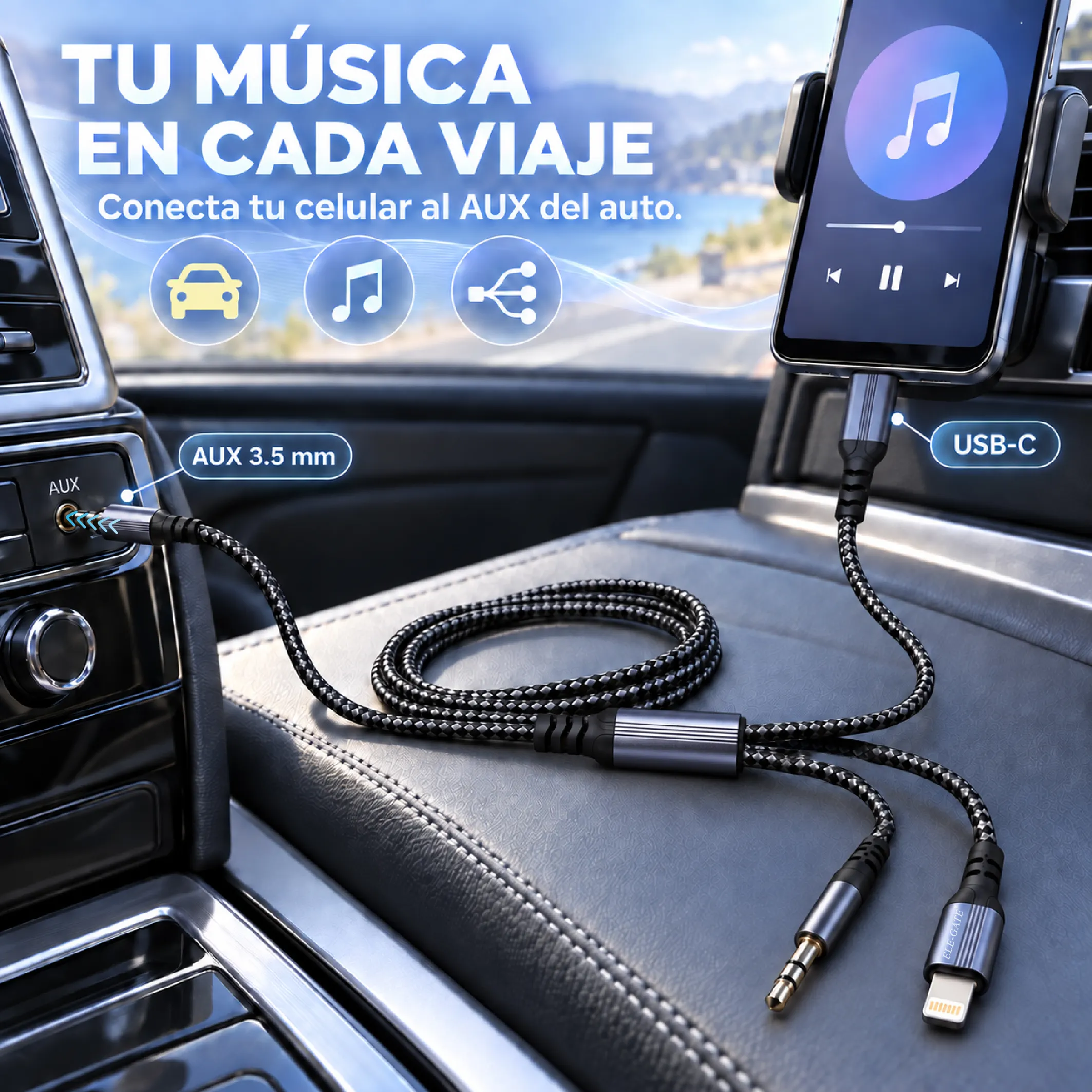 Cable AUX 3 en 1 USB-C, Lightning y 3.5 mm de 1 m - Imagen 5