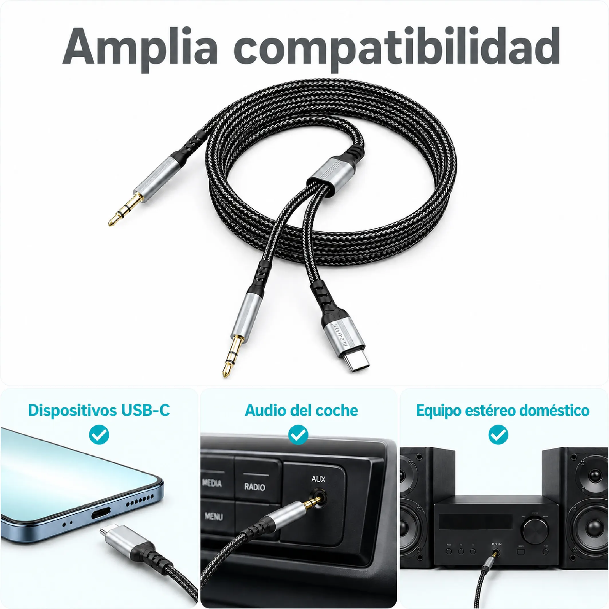 Cable AUX 2 en 1 USB-C y 3.5 mm a plug 3.5 mm, 1 m - Imagen 4