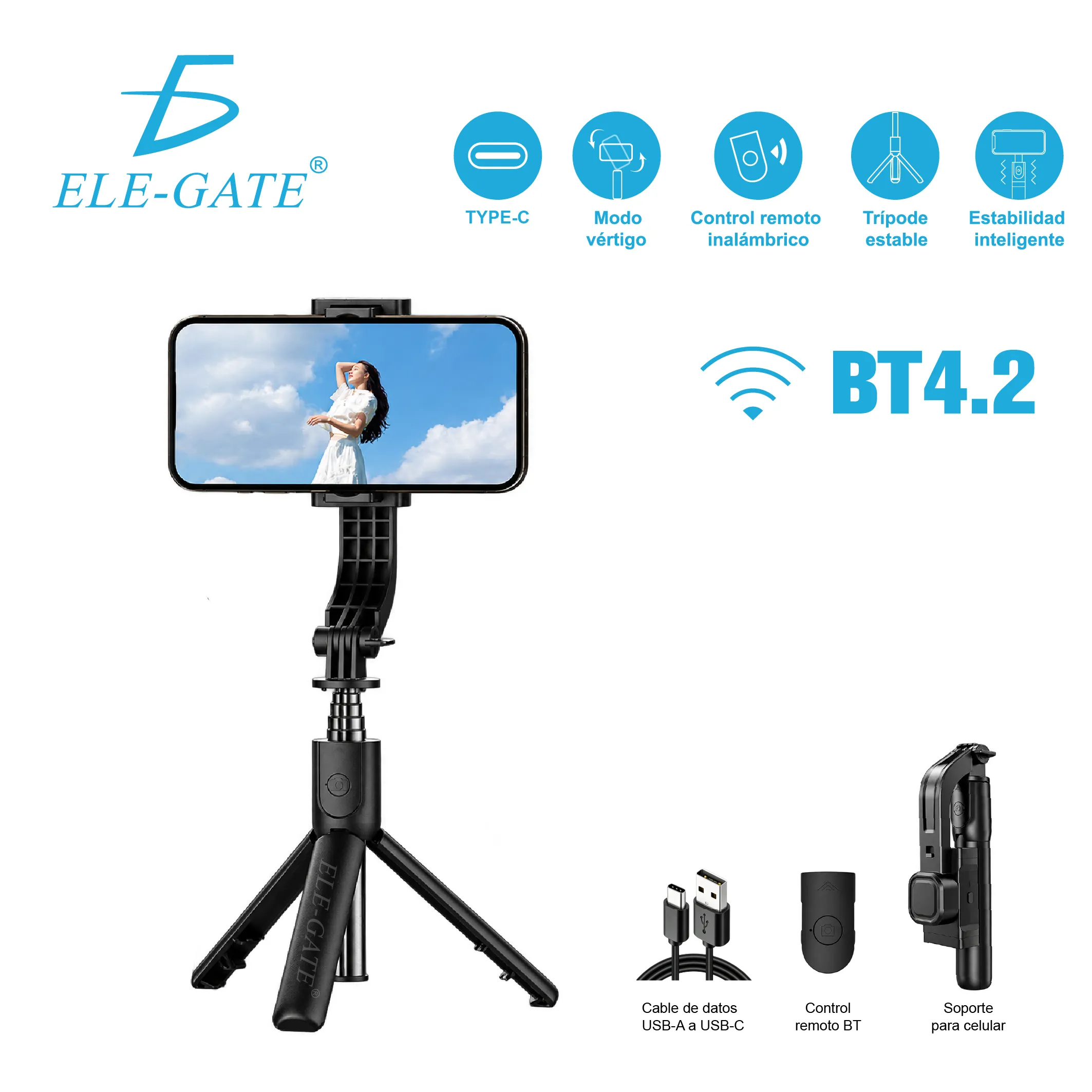 Selfie Stick Con Tripie Y Estabilizador Para Smarth Phone Con Carga USB - Imagen 3