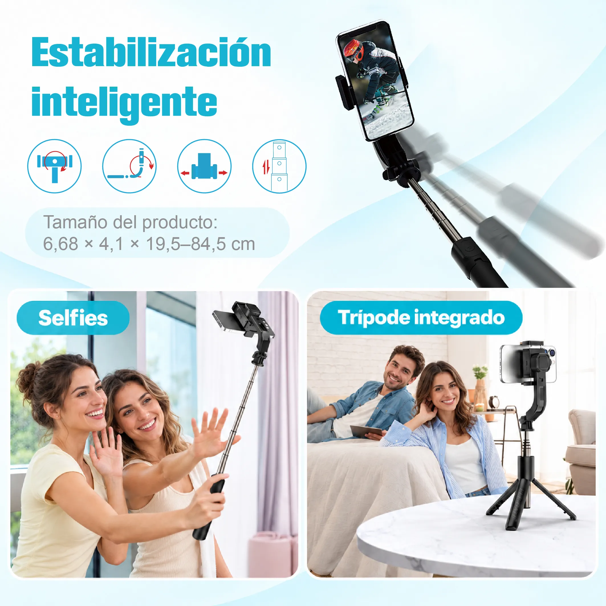 Selfie Stick Con Tripie Y Estabilizador Para Smarth Phone Con Carga USB - Imagen 6