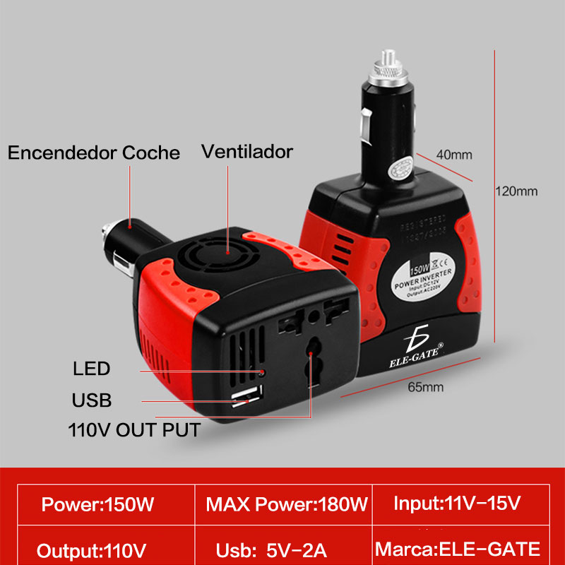 Inversor De Corriente Automotriz De 12v A 110v 150w Coche