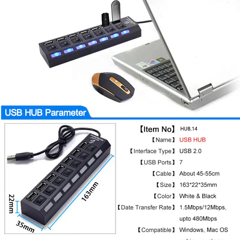 Hub Usb 2.0 4 Puertos Con Switchs Pc Laptop Windows Computadoras