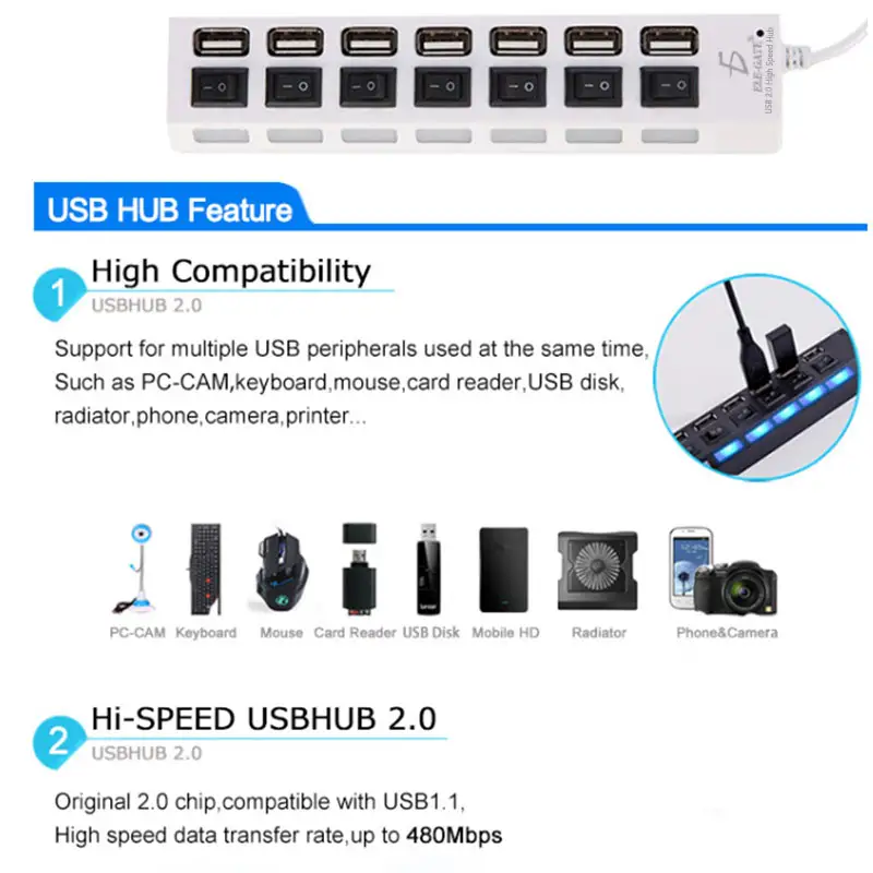 Hub Usb 2.0 4 Puertos Con Switchs Pc Laptop Windows Computadoras