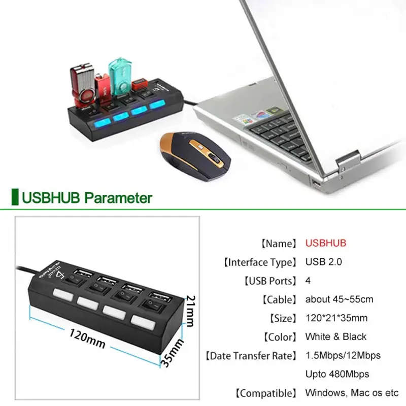 Hub Usb 2.0 4 Puertos Con Switchs Pc Laptop Windows Computadoras