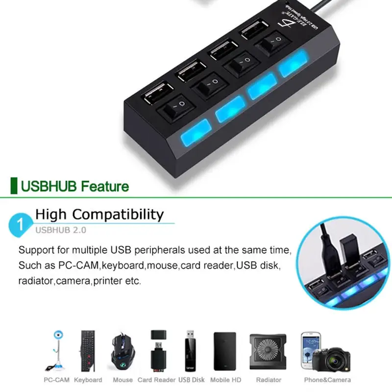 Hub Usb 2.0 4 Puertos Con Switchs Pc Laptop Windows Computadoras