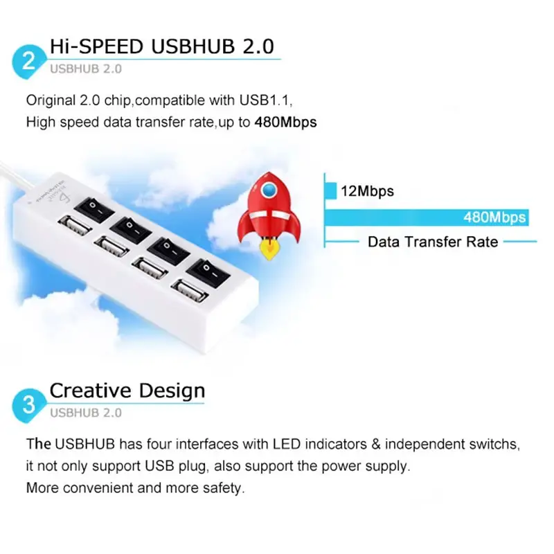 Hub Usb 2.0 4 Puertos Con Switchs Pc Laptop Windows Computadoras