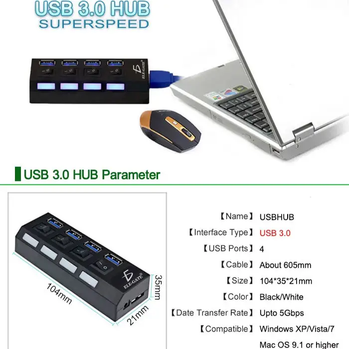 Hub Usb 3.0 4 Puertos Con Switch Led Laptop Pc Mac