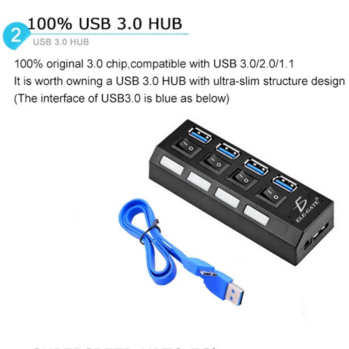 Hub Usb 3.0 Con 4 Puertos Y Eliminador, Pc Lap 5 Gbps Switch