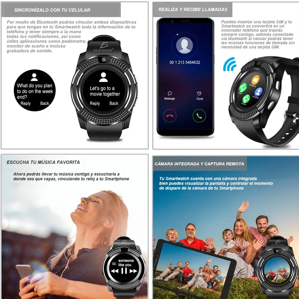 Smart Watch V8 Reloj Inteligente Bluetooth Camara Redondo 360