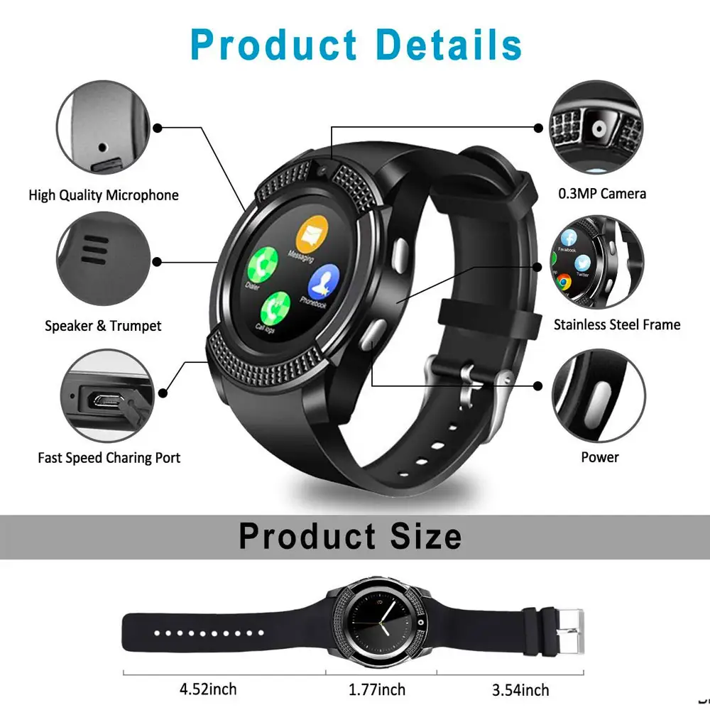 Smart Watch V8 Reloj Inteligente Bluetooth Camara Redondo 360