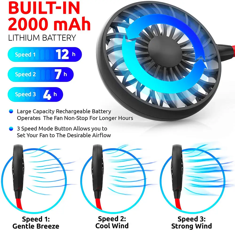 Ventilador Cuello 3 Velocidades Manos Libres Usb Recargable