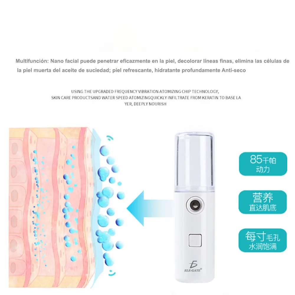 • Carga USB, tamaño mini y ligero, fácil y cómodo de llevar o usar. • Capacidad de agua para una reposición de 30 ml de agua constante, más conveniente de usar. • Reposición de agua completa, se puede usar en la cara, las manos, el cuerpo, el cabello, etc, reduciendo la sensibilidad de la piel. • Puede reponer eficazmente la piel seca y ajustar el equilibrio de agua y aceite de la piel, haciendo que tu cara luzca brillante y con buena complexión. • Adopta tecnología de nanoatomización, atomiza el líquido en partículas moleculares pequeñas de tamaño nano, que pueden penetrar directamente en la capa profunda, logrando una mejor absorción. • Multifunción: Nano facial puede penetrar eficazmente en la piel, decolorar líneas finas, elimina las células de la piel muerta del aceite de suciedad; piel refrescante, hidratante profundamente Anti-seco • La niebla refrescante también es ideal para el cuerpo y el cabello, se puede rociar en el cabello para revivir las olas. • Tecnología Avanzada de atomización en aerosol Nano-tecnología con una capacidad de reposición de agua súper potente. • Atomización de 1,25 a 1,5 ml/s y 60 puede entrar rápidamente en la capa base a través rápidamente • Buena humectación y refrescante reposición de 45 s de agua profunda, mini Dispositivo de niebla fría facial utiliza nanotecnología cambios ultrasónicos de las moléculas de agua por la niebla de aerosol de iones, la piel se absorbe más fácilmente sin goteo. Especificaciones: • Capacidad de la batería: 550 mAh • Cantidad de atomización: 1,25-1,45 ml / min • Material: Chip de atomización, circuito integrado • Condiciones de uso: cargando y añadiendo líquido • Capacidad del agua: 30 ml • Atomizado partículas: 0.3 • Tiempo de carga: 2-3 horas • Color: blanco • Modo de carga: cable USB • Tamaño del producto: 3,5 x 3,5 x 10 CM • Peso: aproximadamente 56g Que incluye el paquete: • 1 Nano Rociador Portátil Recargable • 1 Cable USB • 1 Instructivo