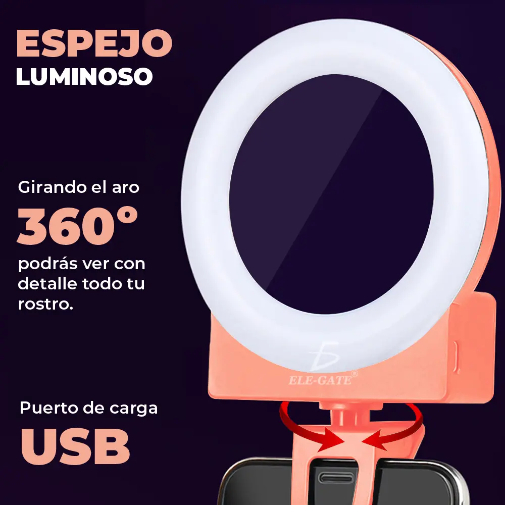 Espejo Aro de Luz Led Soporte Celular