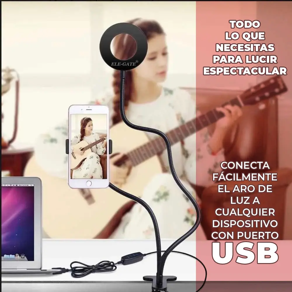 Aro con 3 tonos de luz cálida, neutra y cálida Diseño super ligero, ajustable, ideal para diversas actividades. ¡Captura las mejores selfis en cualquier posición con el porta celular y aro de luz que puede girar 360°! ¡Llévalo a todos lados! ¡Por su tamaño portátil te permite transportarlo fácilmente a donde quiera que vayas! De gran utilidad si deseas luz extra para tomar fotos, hacer videos, leer libros y transmitir en vivo. Controla manualmente el manejo y selección de la intensidad de la luz. Los soportes cuentan con una flexibilidad para acomodarlo de la manera que más te guste. El soporte de celular se abre de 5 hasta 8.5 cm, su pinza sujetadora permite un espesor de 7 cm máximo de grosor. Características Flexibilidad en soportes 3 tonos de luz cálida, neutra y cálida. Pinza sujetadora, espesor de 7 cm máximo El soporte se abre de 5 hasta 8.5 cm Control de luz, brillo, apagado y encendido Especificaciones *Alimentación: 100-240V *Tecnología: LED *Potencia: 12W *Longitud: Soporte celular 38cm, *Aro 63 cm, ancho de aro 9cm. INCLUYE 1 Aro de Luz 1Soporte de Pinza 1Soporte para Celular