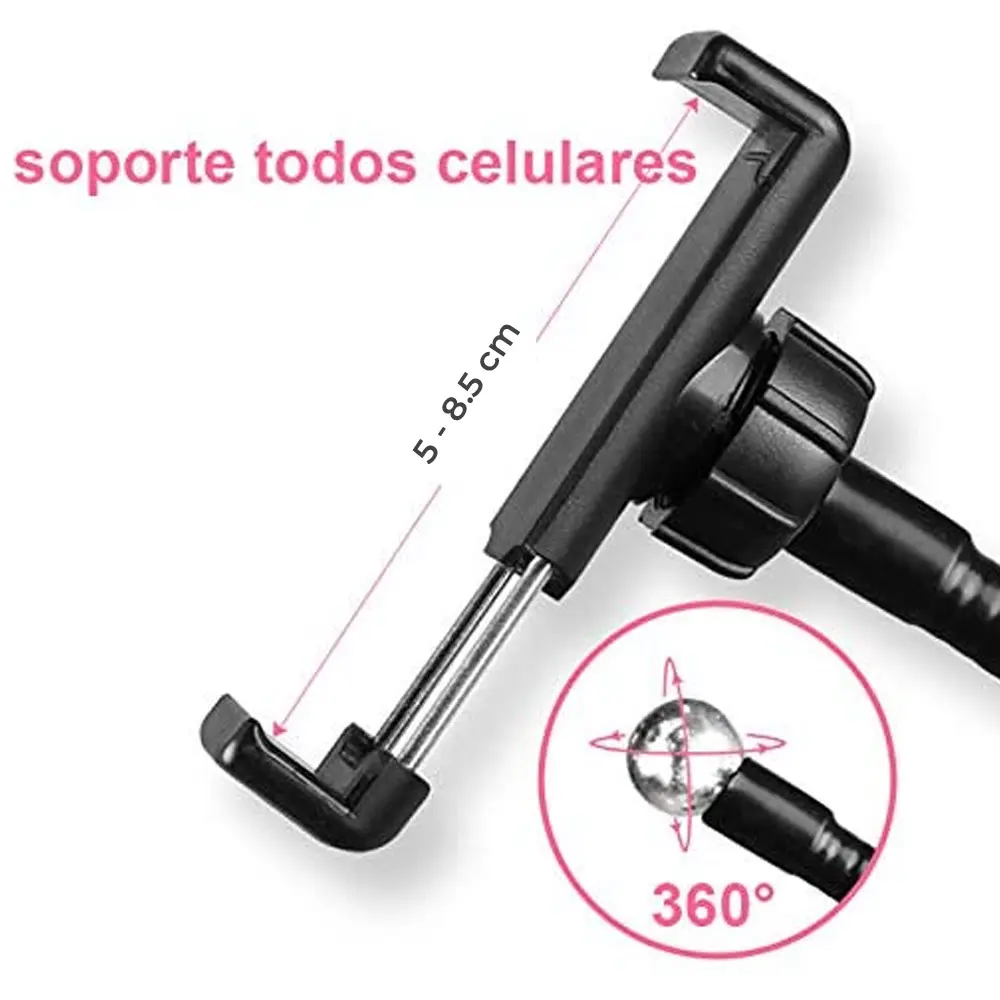 Aro con 3 tonos de luz cálida, neutra y cálida Diseño super ligero, ajustable, ideal para diversas actividades. ¡Captura las mejores selfis en cualquier posición con el porta celular y aro de luz que puede girar 360°! ¡Llévalo a todos lados! ¡Por su tamaño portátil te permite transportarlo fácilmente a donde quiera que vayas! De gran utilidad si deseas luz extra para tomar fotos, hacer videos, leer libros y transmitir en vivo. Controla manualmente el manejo y selección de la intensidad de la luz. Los soportes cuentan con una flexibilidad para acomodarlo de la manera que más te guste. El soporte de celular se abre de 5 hasta 8.5 cm, su pinza sujetadora permite un espesor de 7 cm máximo de grosor. Características Flexibilidad en soportes 3 tonos de luz cálida, neutra y cálida. Pinza sujetadora, espesor de 7 cm máximo El soporte se abre de 5 hasta 8.5 cm Control de luz, brillo, apagado y encendido Especificaciones *Alimentación: 100-240V *Tecnología: LED *Potencia: 12W *Longitud: Soporte celular 38cm, *Aro 63 cm, ancho de aro 9cm. INCLUYE 1 Aro de Luz 1Soporte de Pinza 1Soporte para Celular