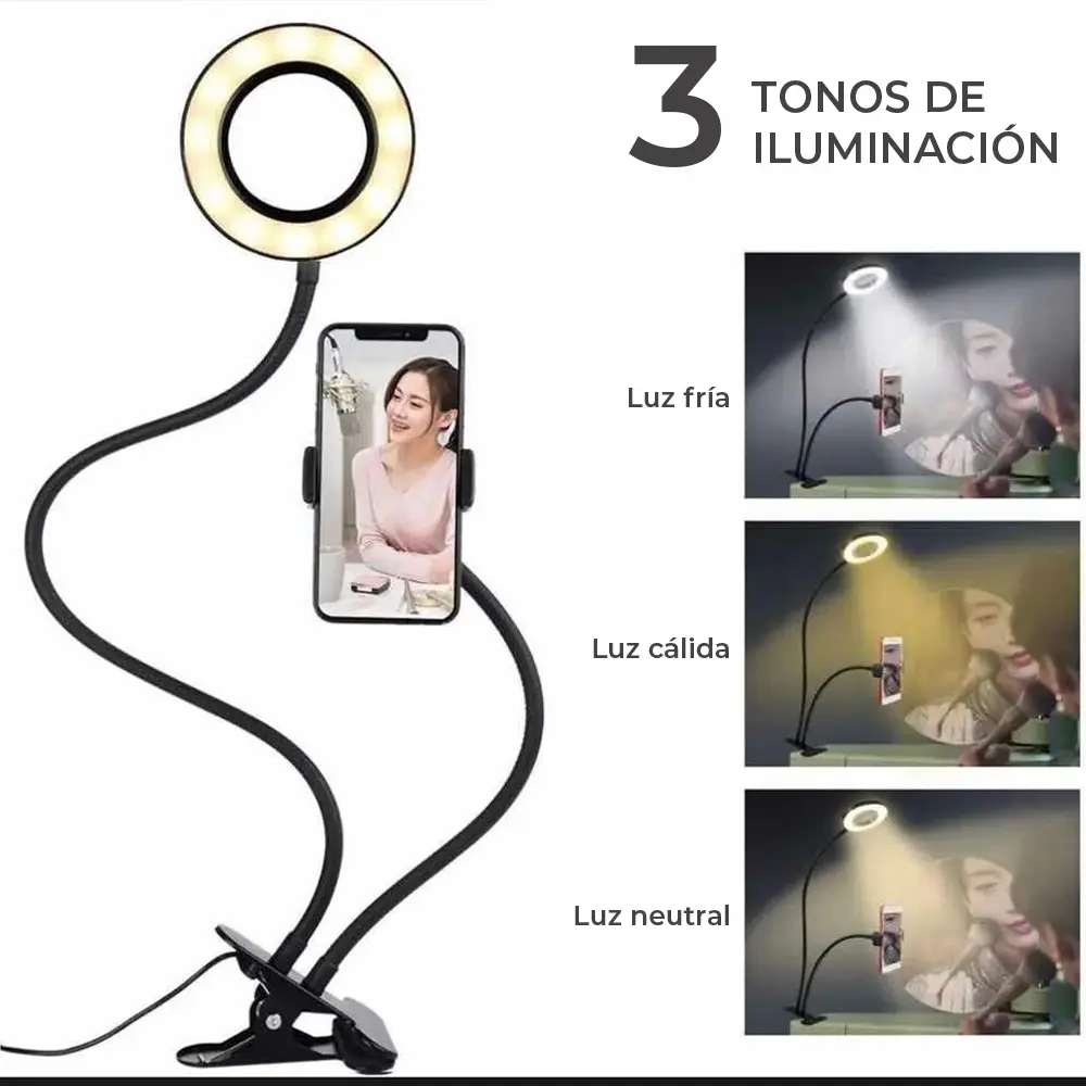 Aro con 3 tonos de luz cálida, neutra y cálida Diseño super ligero, ajustable, ideal para diversas actividades. ¡Captura las mejores selfis en cualquier posición con el porta celular y aro de luz que puede girar 360°! ¡Llévalo a todos lados! ¡Por su tamaño portátil te permite transportarlo fácilmente a donde quiera que vayas! De gran utilidad si deseas luz extra para tomar fotos, hacer videos, leer libros y transmitir en vivo. Controla manualmente el manejo y selección de la intensidad de la luz. Los soportes cuentan con una flexibilidad para acomodarlo de la manera que más te guste. El soporte de celular se abre de 5 hasta 8.5 cm, su pinza sujetadora permite un espesor de 7 cm máximo de grosor. Características Flexibilidad en soportes 3 tonos de luz cálida, neutra y cálida. Pinza sujetadora, espesor de 7 cm máximo El soporte se abre de 5 hasta 8.5 cm Control de luz, brillo, apagado y encendido Especificaciones *Alimentación: 100-240V *Tecnología: LED *Potencia: 12W *Longitud: Soporte celular 38cm, *Aro 63 cm, ancho de aro 9cm. INCLUYE 1 Aro de Luz 1Soporte de Pinza 1Soporte para Celular