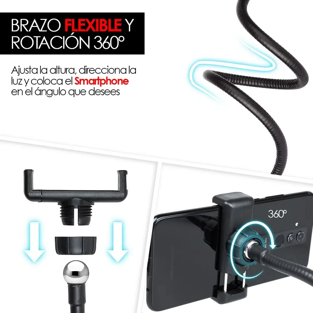 Aro con 3 tonos de luz cálida, neutra y cálida Diseño super ligero, ajustable, ideal para diversas actividades. ¡Captura las mejores selfis en cualquier posición con el porta celular y aro de luz que puede girar 360°! ¡Llévalo a todos lados! ¡Por su tamaño portátil te permite transportarlo fácilmente a donde quiera que vayas! De gran utilidad si deseas luz extra para tomar fotos, hacer videos, leer libros y transmitir en vivo. Controla manualmente el manejo y selección de la intensidad de la luz. Los soportes cuentan con una flexibilidad para acomodarlo de la manera que más te guste. El soporte de celular se abre de 5 hasta 8.5 cm, su pinza sujetadora permite un espesor de 7 cm máximo de grosor. Características Flexibilidad en soportes 3 tonos de luz cálida, neutra y cálida. Pinza sujetadora, espesor de 7 cm máximo El soporte se abre de 5 hasta 8.5 cm Control de luz, brillo, apagado y encendido Especificaciones *Alimentación: 100-240V *Tecnología: LED *Potencia: 12W *Longitud: Soporte celular 38cm, *Aro 63 cm, ancho de aro 9cm. INCLUYE 1 Aro de Luz 1Soporte de Pinza 1Soporte para Celular