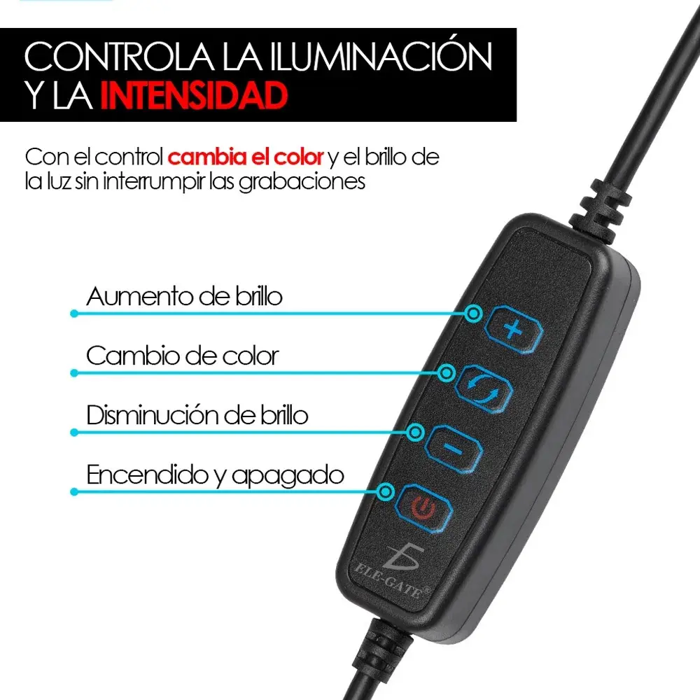Aro con 3 tonos de luz cálida, neutra y cálida Diseño super ligero, ajustable, ideal para diversas actividades. ¡Captura las mejores selfis en cualquier posición con el porta celular y aro de luz que puede girar 360°! ¡Llévalo a todos lados! ¡Por su tamaño portátil te permite transportarlo fácilmente a donde quiera que vayas! De gran utilidad si deseas luz extra para tomar fotos, hacer videos, leer libros y transmitir en vivo. Controla manualmente el manejo y selección de la intensidad de la luz. Los soportes cuentan con una flexibilidad para acomodarlo de la manera que más te guste. El soporte de celular se abre de 5 hasta 8.5 cm, su pinza sujetadora permite un espesor de 7 cm máximo de grosor. Características Flexibilidad en soportes 3 tonos de luz cálida, neutra y cálida. Pinza sujetadora, espesor de 7 cm máximo El soporte se abre de 5 hasta 8.5 cm Control de luz, brillo, apagado y encendido Especificaciones *Alimentación: 100-240V *Tecnología: LED *Potencia: 12W *Longitud: Soporte celular 38cm, *Aro 63 cm, ancho de aro 9cm. INCLUYE 1 Aro de Luz 1Soporte de Pinza 1Soporte para Celular