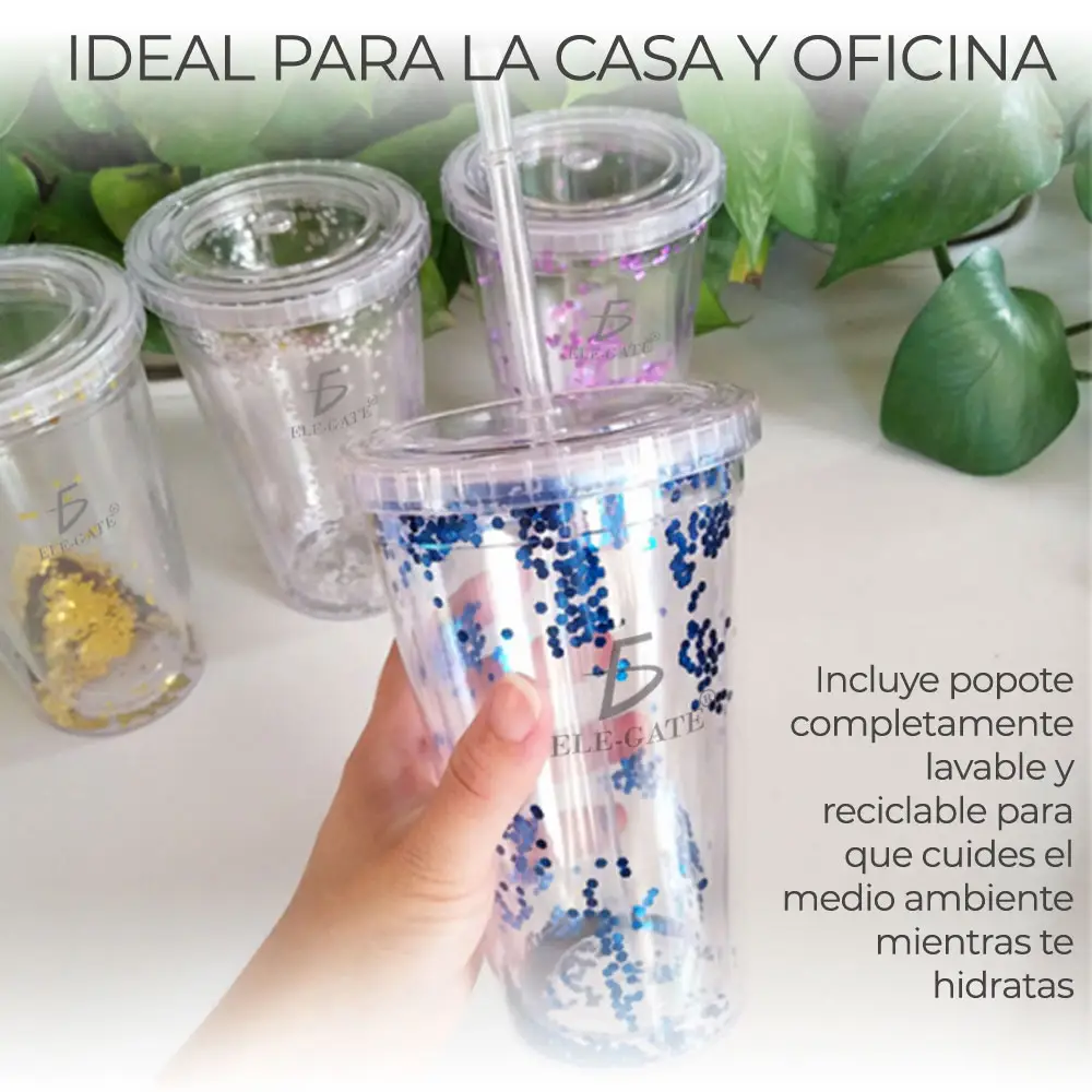 Vaso Termo Acrilico Glitter Tornasol Con Popote