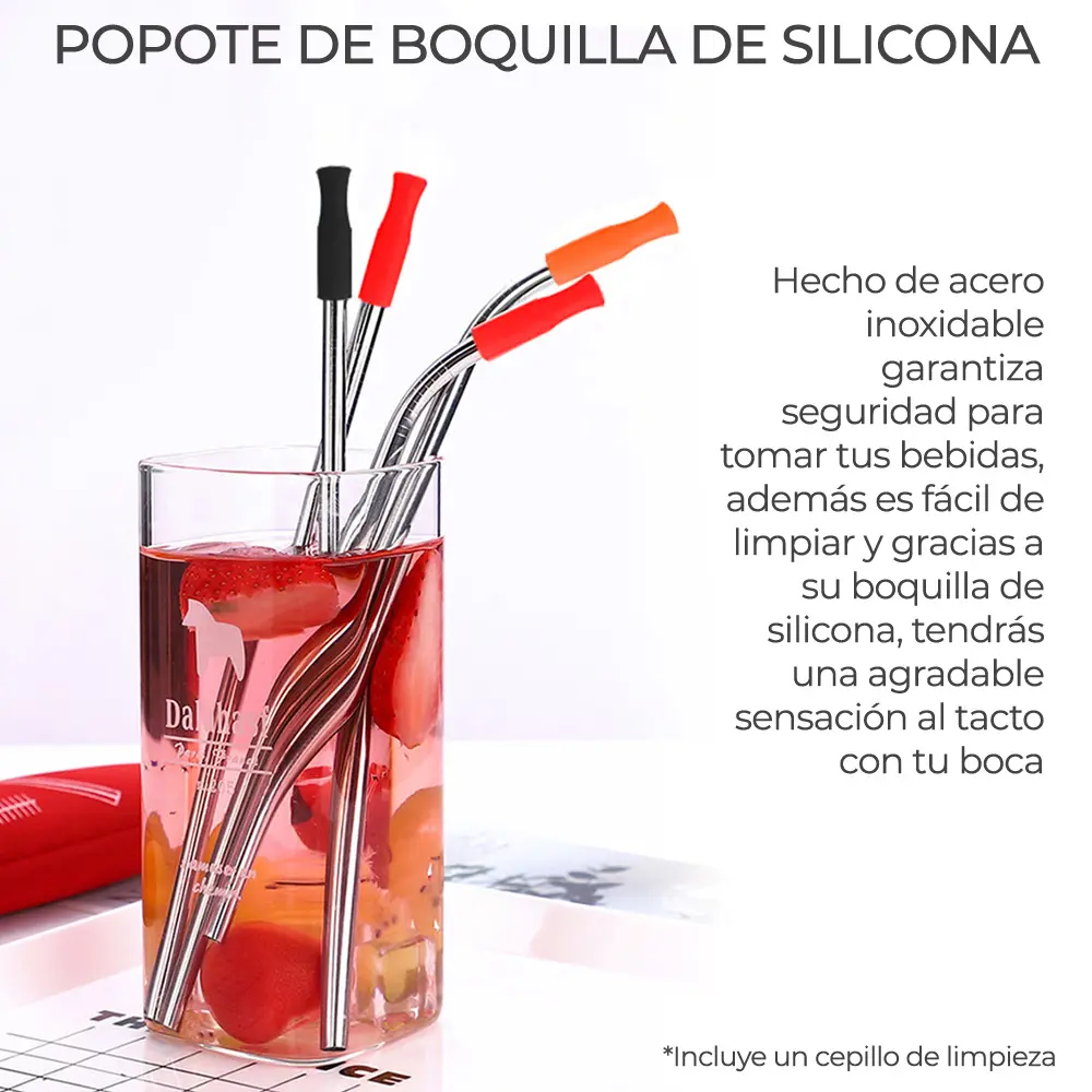 2 Popotes Y 1 Cepillos Acero Inoxidable Metal 21 Cm