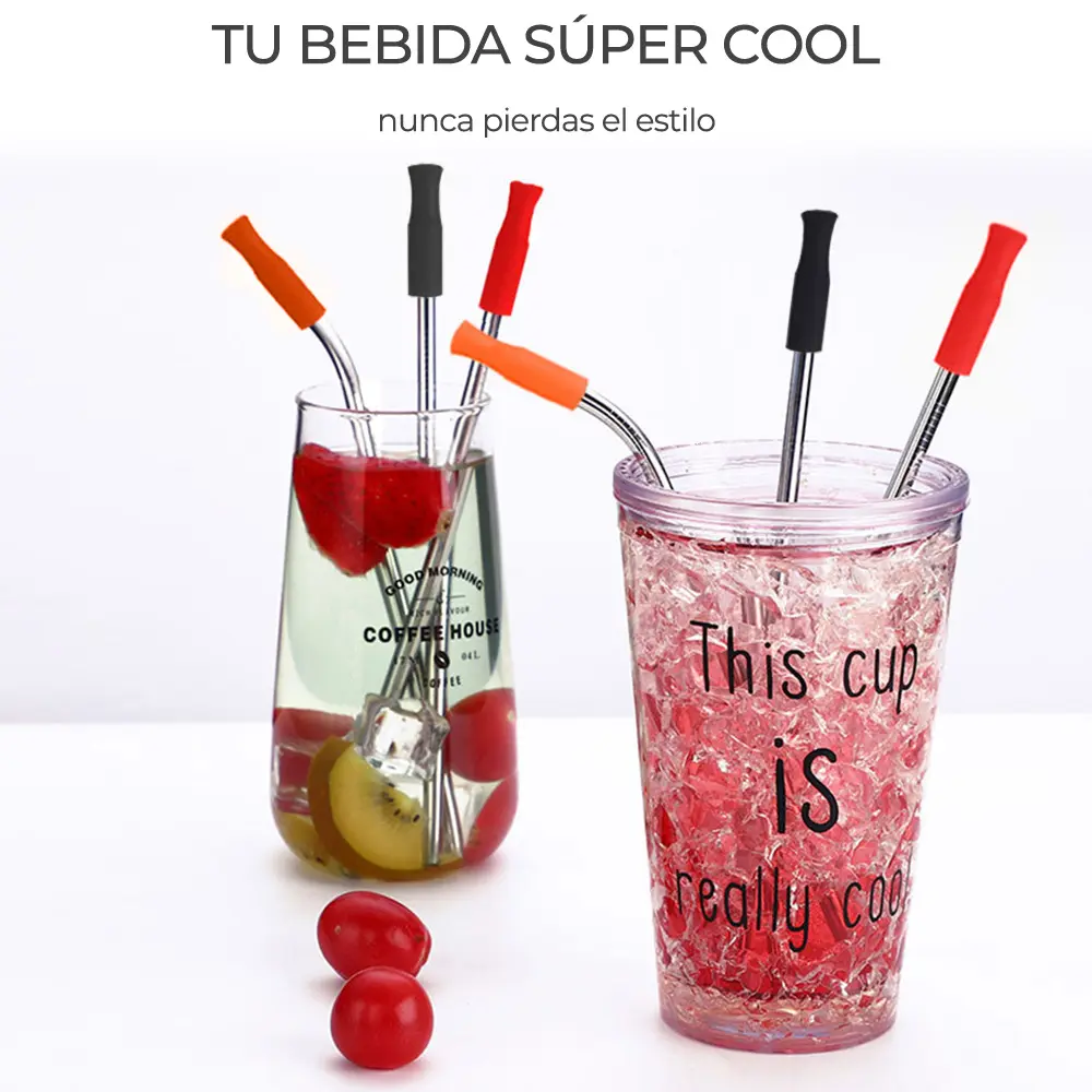 2 Popotes Y 1 Cepillos Acero Inoxidable Metal 21 Cm