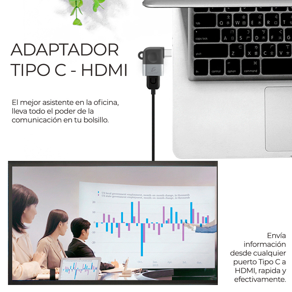 laptop con adaptador conectado y una presentación 