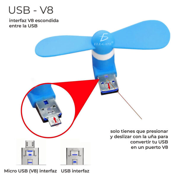 Mini Ventilador 2 En 1 Para Smartphone Android Carga Usb V8 Y Usb de Power Bank