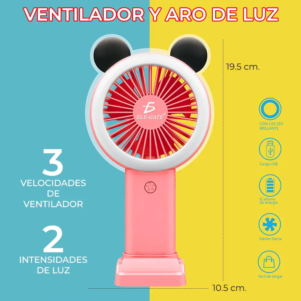 Mini Ventilador Recargable Con Luz RGB Forma de Mickey