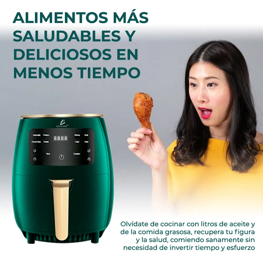 Freidora y mujer con una pierna de pollo 