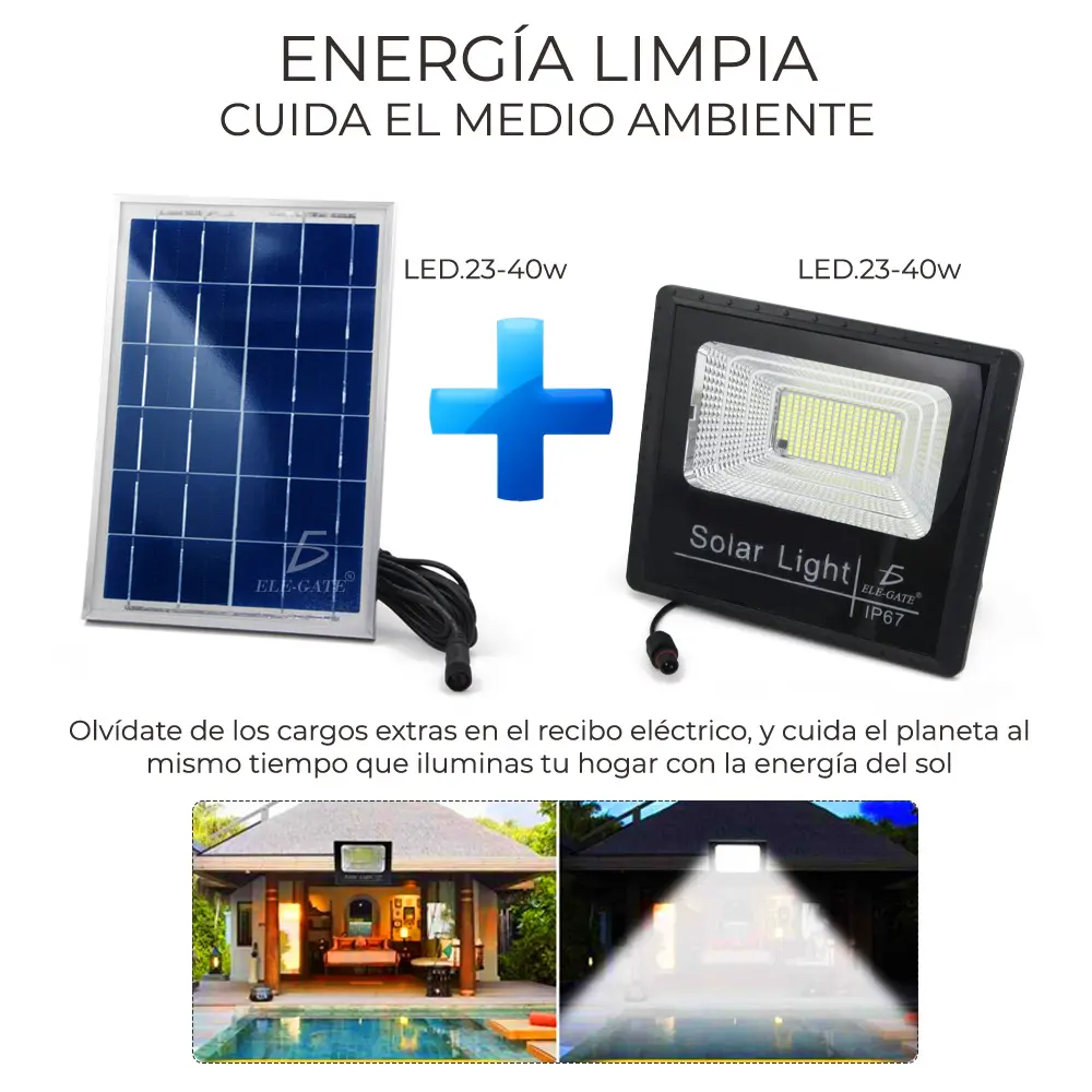 Reflector Led 40w C/ Panel Solar-control Luz Blanca Exterior