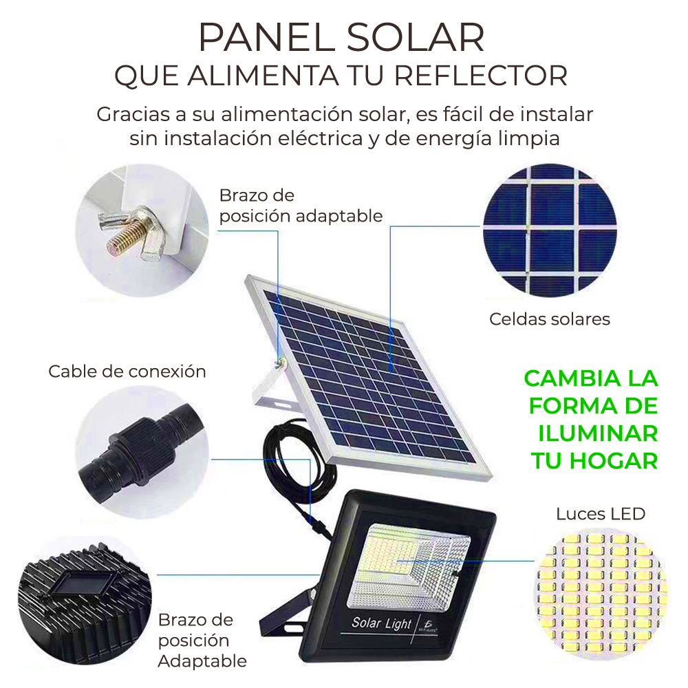 Reflector Luz Panel Solar Exterior Control Soporte 180 Leds